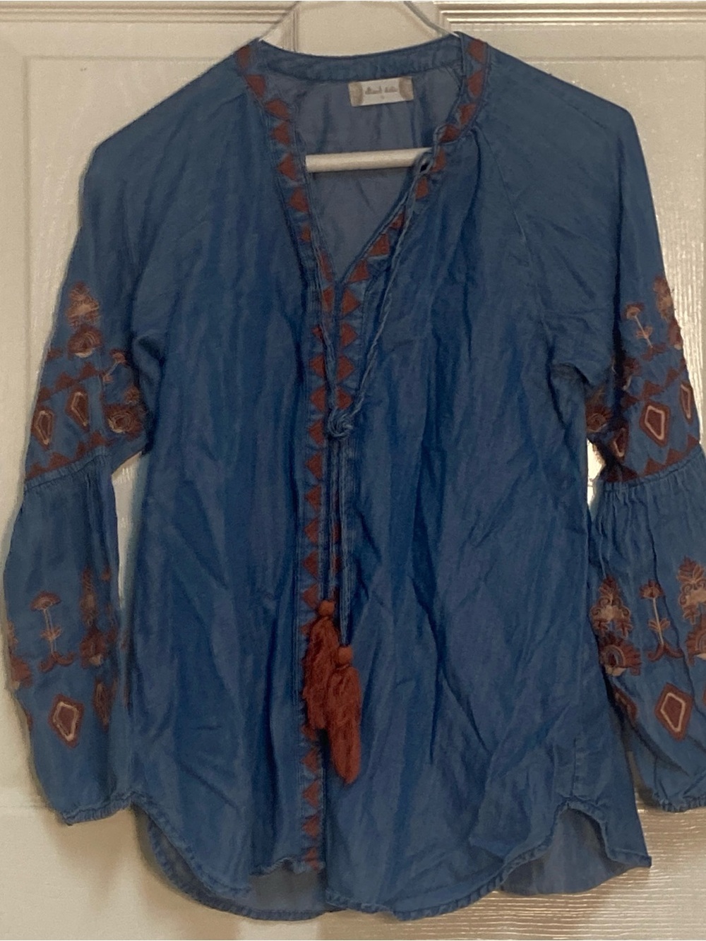 Altar'd State Blue Tunic with Rust Embroidery and Tassel
